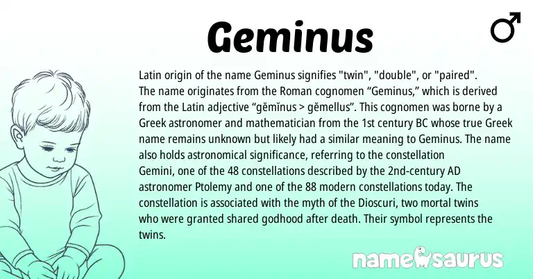 Infographic about Geminus name meaning, Geminus is a name from Roman, Latin, Greek origin(s).