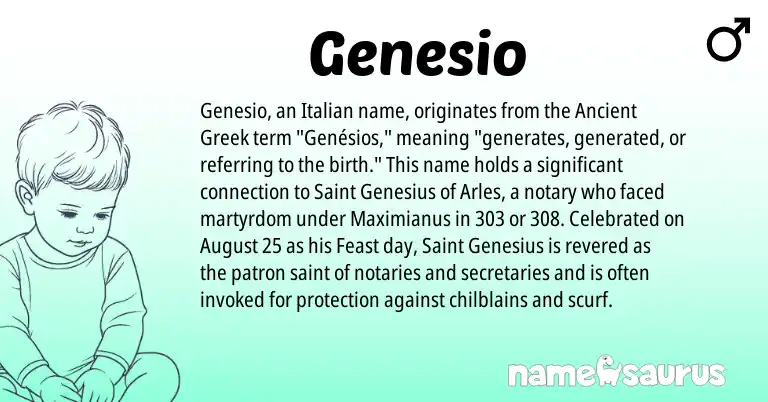 Infographic about Genesio name meaning, Genesio is a name from Ancient Greek, Italian origin(s).