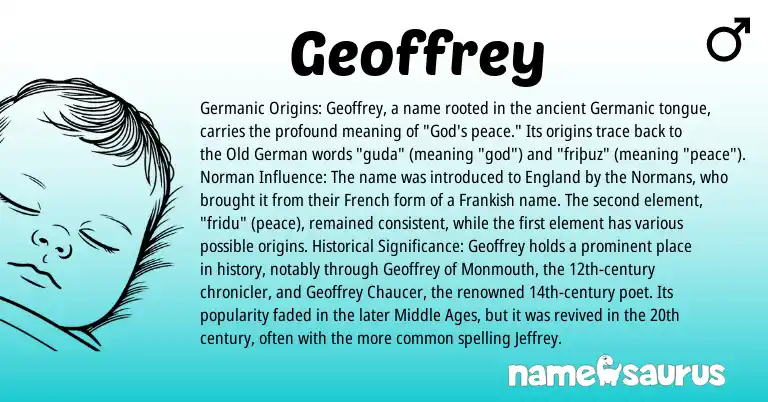 Infographic about Geoffrey name meaning, Geoffrey is a name from Frankish, England, French, Germanic, Old German, Norman origin(s).