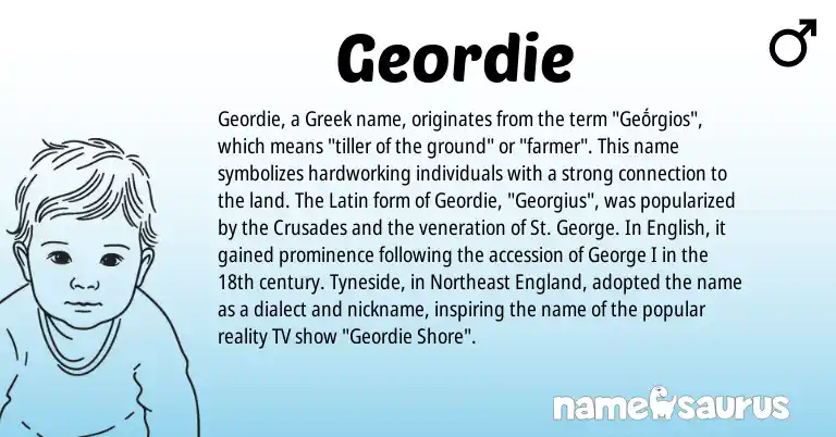 Infographic about Geordie name meaning, Geordie is a name from England, English, Latin, Greek origin(s).