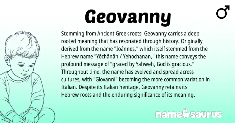Infographic about Geovanny name meaning, Geovanny is a name from Ancient Greek, Hebrew, Italian origin(s).