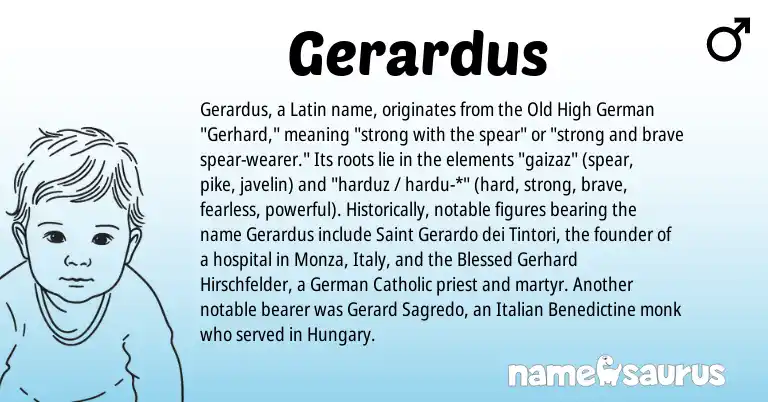 Infographic about Gerardus name meaning, Gerardus is a name from Old High German, German, Latin, Italian origin(s).
