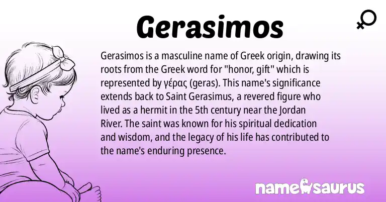 Infographic about Gerasimos name meaning, Gerasimos is a name from Greek, Late Greek origin(s).