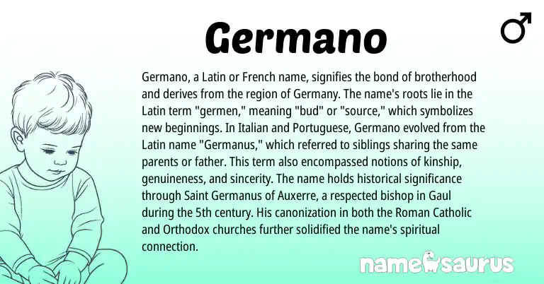 Infographic about Germano name meaning, Germano is a name from French, Roman, Latin, Italian, Portuguese origin(s).