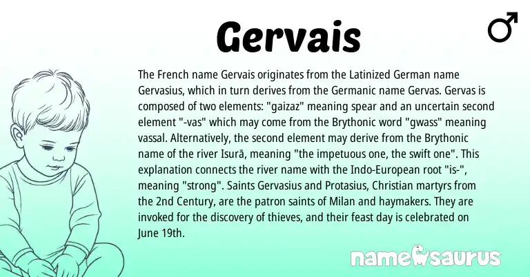 Infographic about Gervais name meaning, Gervais is a name from European, French, Germanic, Brythonic, German origin(s).