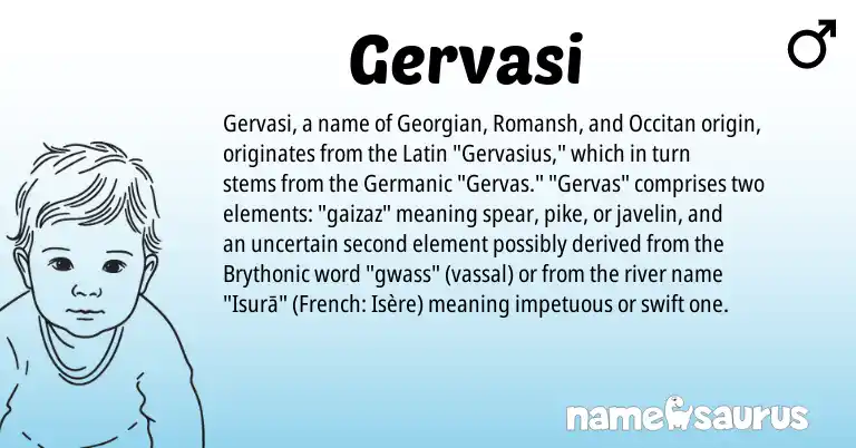 Infographic about Gervasi name meaning, Gervasi is a name from Romansh, Georgian, Occitan, French, Germanic, Latin, Brythonic origin(s).