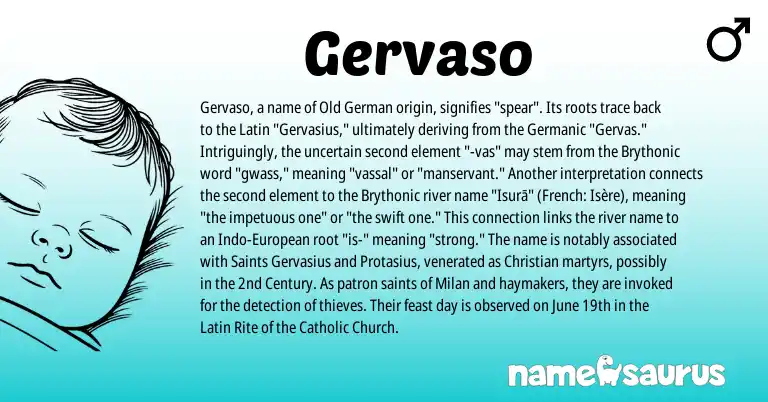 Infographic about Gervaso name meaning, Gervaso is a name from European, French, Germanic, Latin, Brythonic, Old German origin(s).