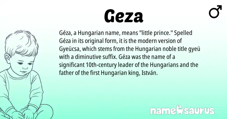 Infographic about Geza name meaning, Geza is a name from Hungarian origin(s).