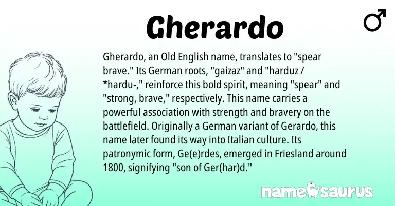 Infographic about Gherardo name meaning, Gherardo is a name from Old English, German, Italian origin(s).