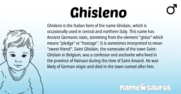 Infographic about Ghisleno name meaning, Ghisleno is a name from German, Ancient Germanic, Italian origin(s).