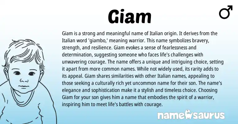 Infographic about Giam name meaning, Giam is a name from Italian origin(s).