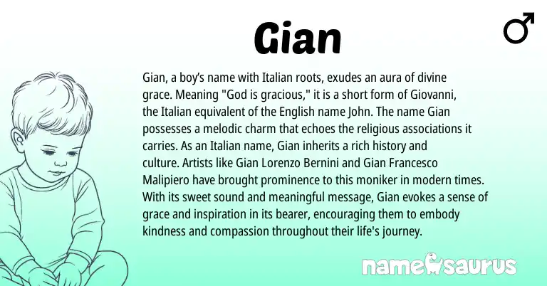 Infographic about Gian name meaning, Gian is a name from English, Italian origin(s).