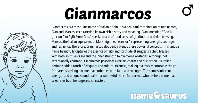 Infographic about Gianmarcos name meaning, Gianmarcos is a name from Italian origin(s).