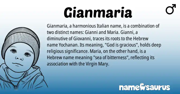 Infographic about Gianmaria name meaning, Gianmaria is a name from Hebrew, Italian origin(s).