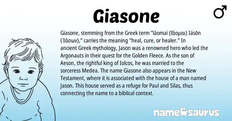 Infographic about Giasone name meaning, Giasone is a name from Greek origin(s).