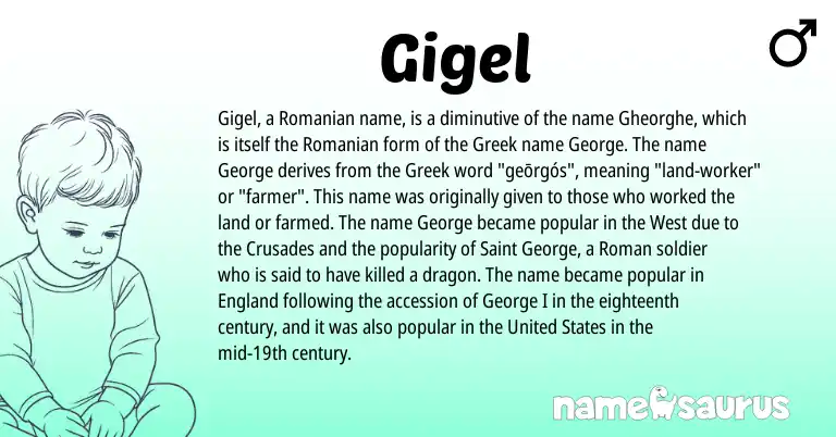 Infographic about Gigel name meaning, Gigel is a name from United States, England, Roman, Greek, Romanian origin(s).