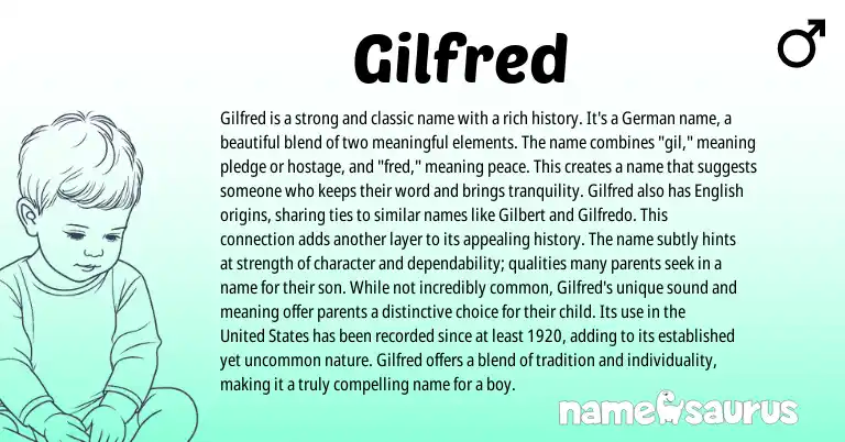 Infographic about Gilfred name meaning, Gilfred is a name from Germanic, English origin(s).