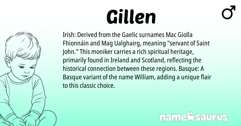 Infographic about Gillen name meaning, Gillen is a name from Irish, Basque, Gaelic, Ireland origin(s).