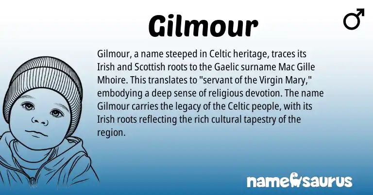 Infographic about Gilmour name meaning, Gilmour is a name from Irish, Gaelic, Celtic, Scottish origin(s).