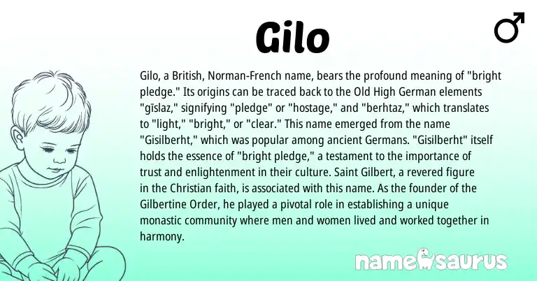Infographic about Gilo name meaning, Gilo is a name from Old High German, French, British, Norman origin(s).