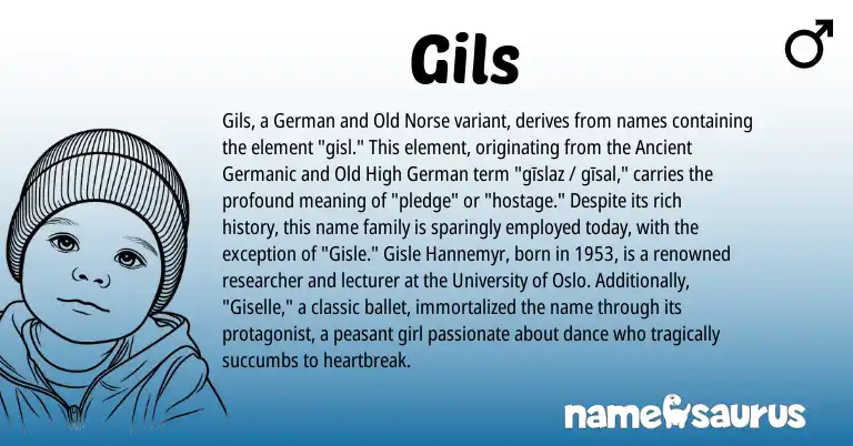 Infographic about Gils name meaning, Gils is a name from Old High German, German, Old Norse, Ancient Germanic origin(s).
