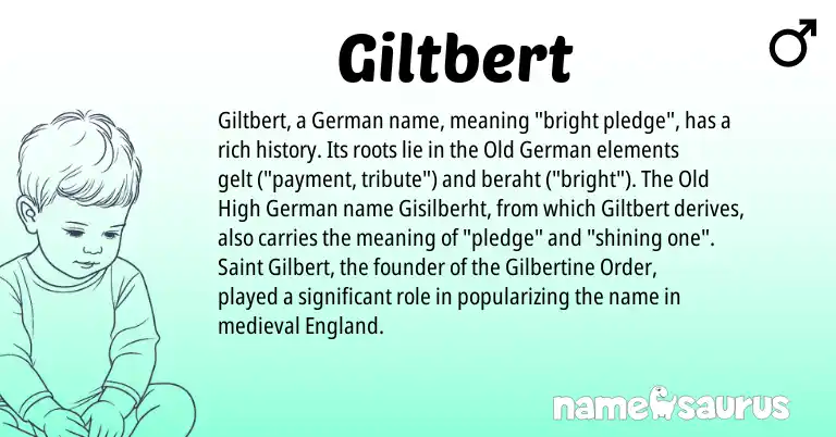 Infographic about Giltbert name meaning, Giltbert is a name from Old German, German, Old High German, England origin(s).
