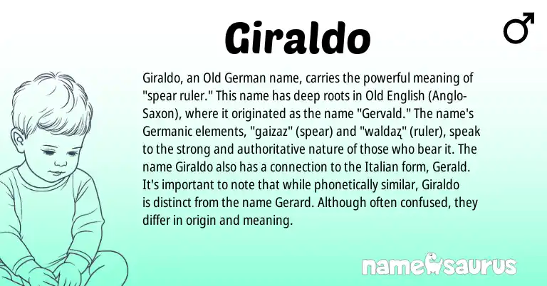 Infographic about Giraldo name meaning, Giraldo is a name from Anglo-Saxon, Germanic, Old German, Old English, Italian origin(s).