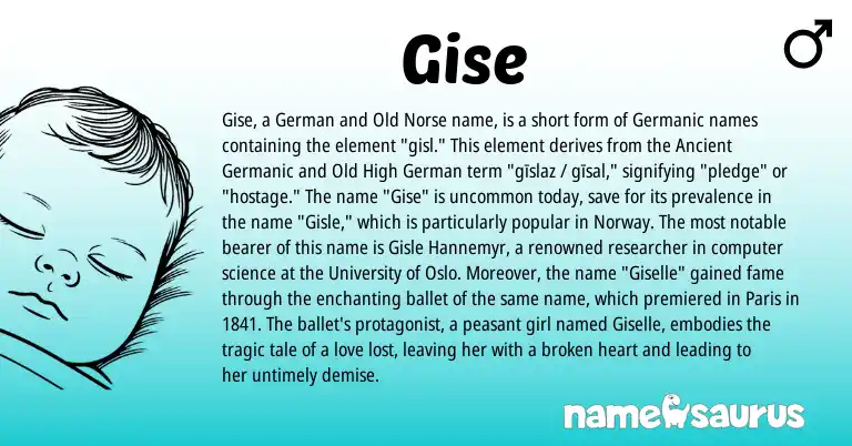 Infographic about Gise name meaning, Gise is a name from Old Norse, Old High German, Ancient Germanic, Germanic, Norway, German origin(s).