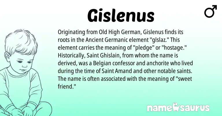 Infographic about Gislenus name meaning, Gislenus is a name from Old High German, Ancient Germanic, Belgian origin(s).