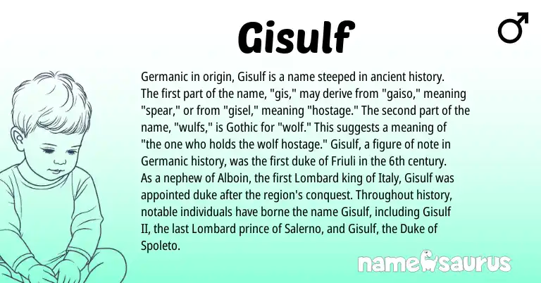 Infographic about Gisulf name meaning, Gisulf is a name from Germanic, Gothic, Lombard origin(s).