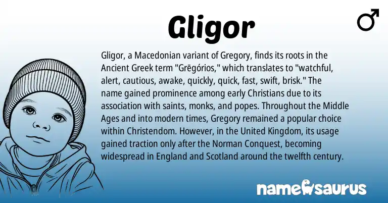 Infographic about Gligor name meaning, Gligor is a name from Ancient Greek, England, Macedonian, United Kingdom, Norman origin(s).