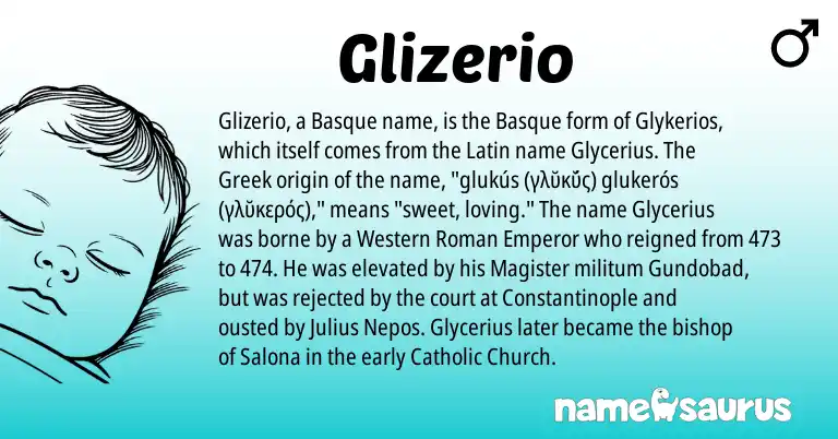Infographic about Glizerio name meaning, Glizerio is a name from Roman, Basque, Latin, Greek origin(s).