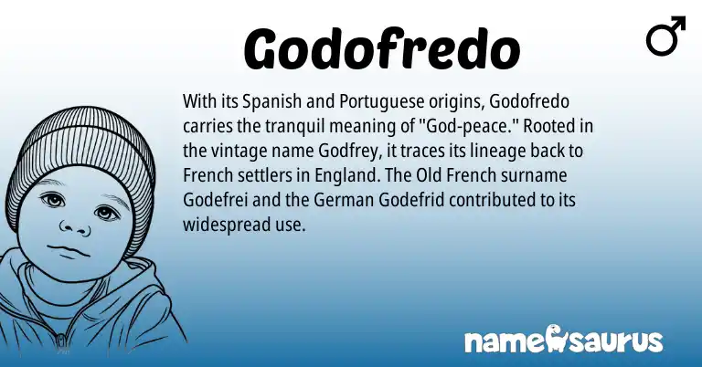 Infographic about Godofredo name meaning, Godofredo is a name from Spanish, Old French, England, French, German, Portuguese origin(s).
