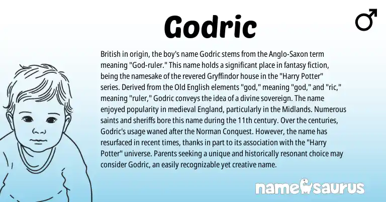 Infographic about Godric name meaning, Godric is a name from British, Anglo-Saxon, England, Old English, Norman origin(s).