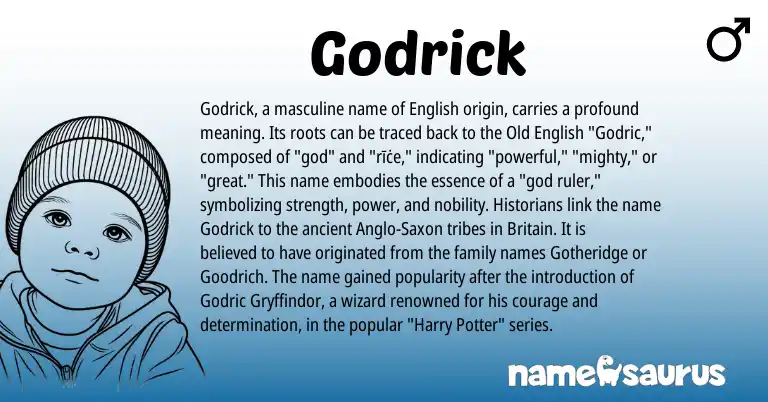 Infographic about Godrick name meaning, Godrick is a name from Old English, English, Anglo-Saxon origin(s).