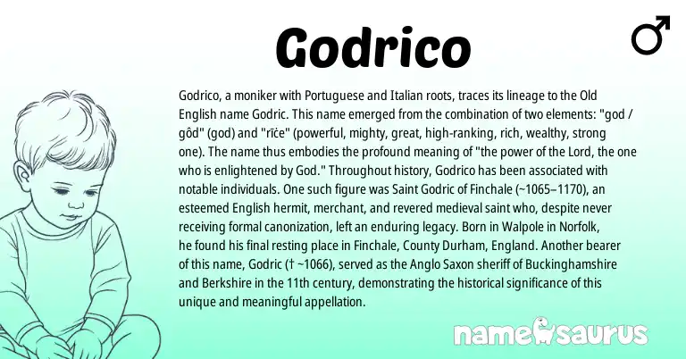 Infographic about Godrico name meaning, Godrico is a name from Saxon, Portuguese, English, England, Old English, Italian origin(s).
