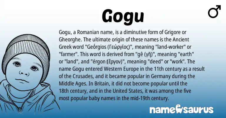 Infographic about Gogu name meaning, Gogu is a name from Romanian, Ancient Greek, United States origin(s).