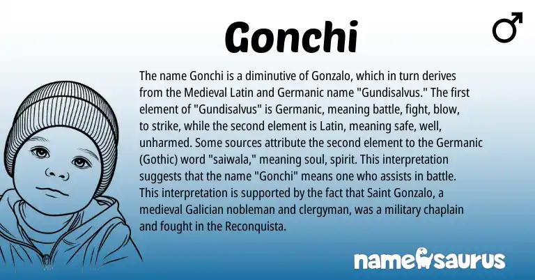 Infographic about Gonchi name meaning, Gonchi is a name from Medieval Latin, Germanic, Latin, Galician, Gothic origin(s).