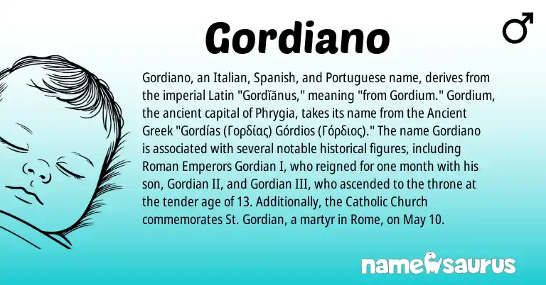 Infographic about Gordiano name meaning, Gordiano is a name from Ancient Greek, Spanish, Latin, Roman, Italian, Portuguese origin(s).