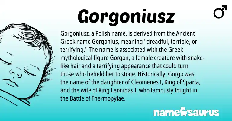 Infographic about Gorgoniusz name meaning, Gorgoniusz is a name from Polish, Ancient Greek, Greek origin(s).