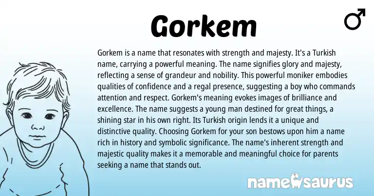 Infographic about Gorkem name meaning, Gorkem is a name from Turkish origin(s).