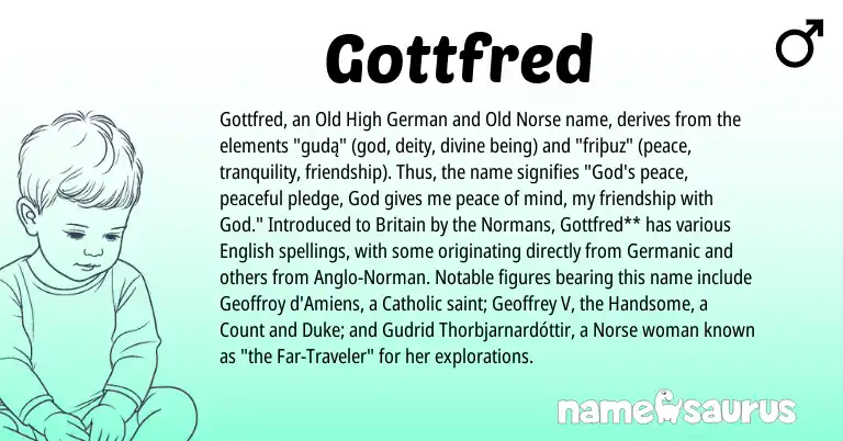 Infographic about Gottfred name meaning, Gottfred is a name from Old Norse, Old High German, English, Germanic, Anglo-Norman, Norse origin(s).