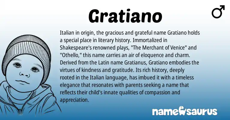 Infographic about Gratiano name meaning, Gratiano is a name from Latin, Italian origin(s).