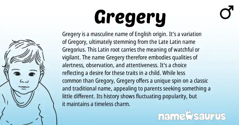 Infographic about Gregery name meaning, Gregery is a name from Latin, English origin(s).