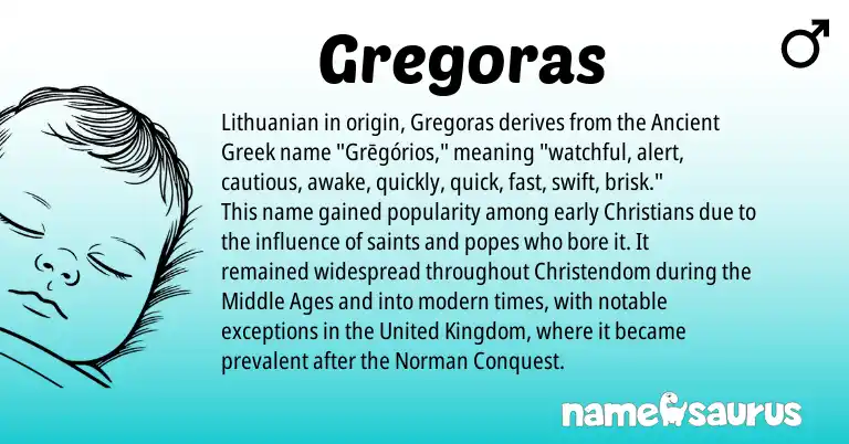 Infographic about Gregoras name meaning, Gregoras is a name from Lithuanian, Ancient Greek, Norman, United Kingdom origin(s).