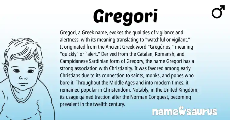 Infographic about Gregori name meaning, Gregori is a name from Ancient Greek, Christianity, Romansh, Catalan, United Kingdom, Greek, Sardinian, Norman origin(s).