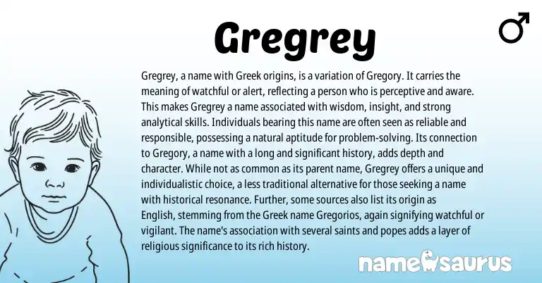 Infographic about Gregrey name meaning, Gregrey is a name from Greek origin(s).