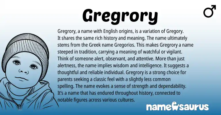 Infographic about Gregrory name meaning, Gregrory is a name from English, Greek origin(s).