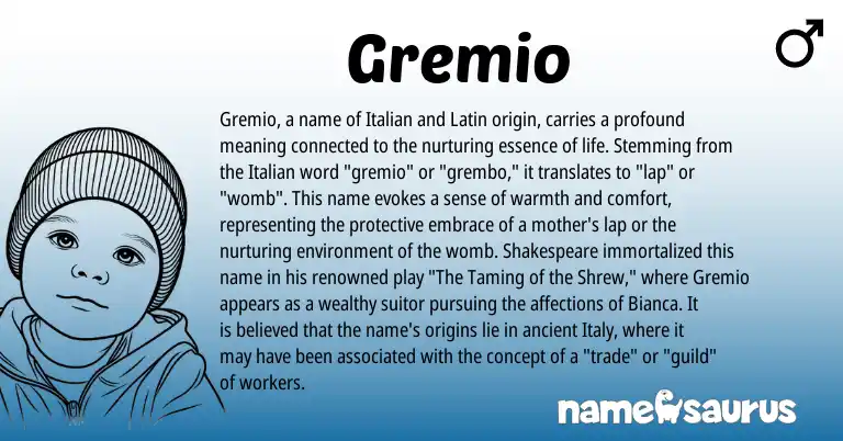 Infographic about Gremio name meaning, Gremio is a name from Latin, Italian origin(s).