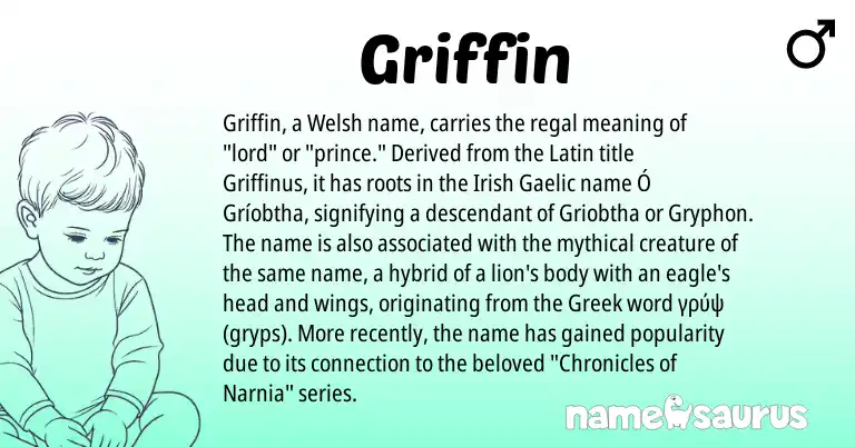 Infographic about Griffin name meaning, Griffin is a name from Irish, Welsh, Gaelic, Latin, Greek origin(s).